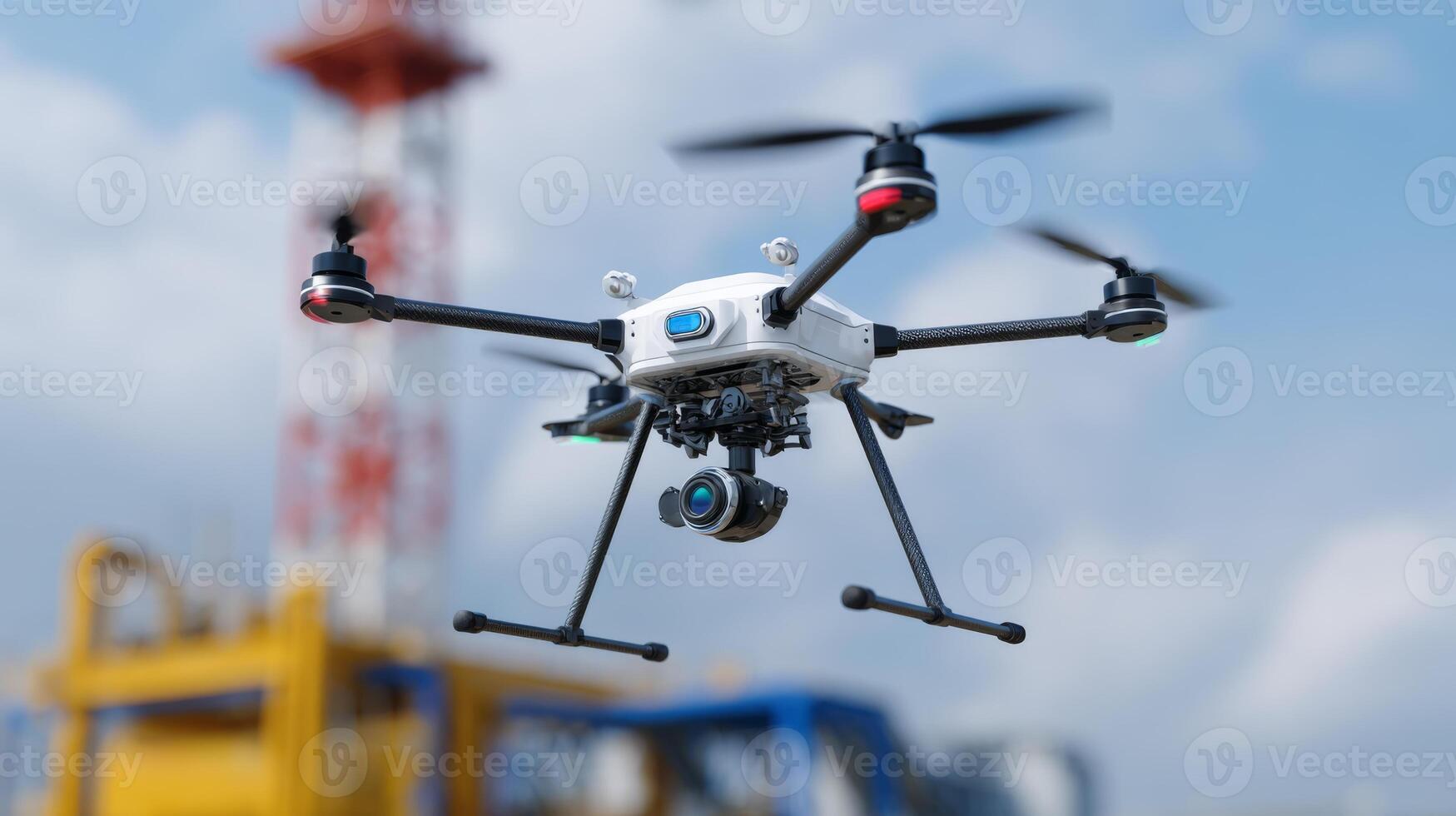 A high-tech drone with a camera flying against a backdrop of industrial structures and a clear blue sky. photo