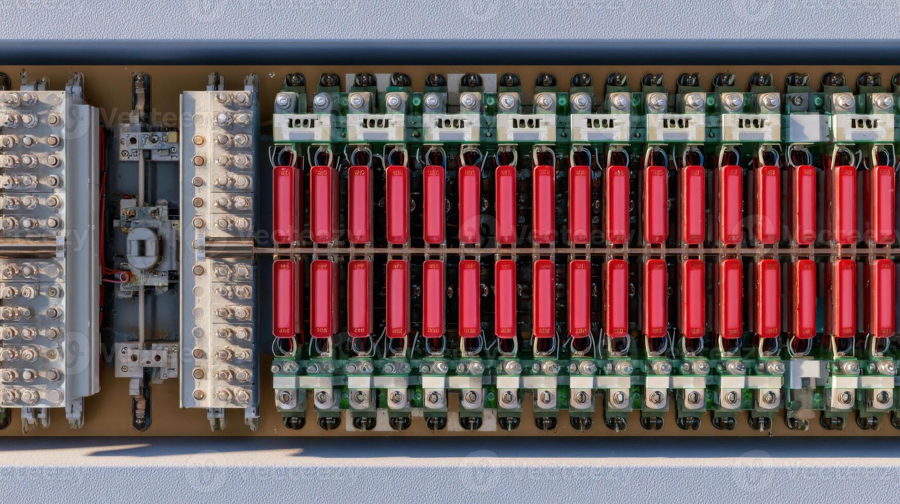 An aerial view of an intricate electronic circuit board featuring red capacitors and various connectors. photo