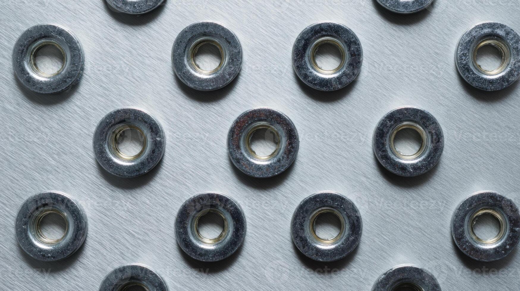 Close-up of metallic washers arranged in a uniform pattern on a brushed aluminum surface, highlighting their circular shape and shiny finish. photo
