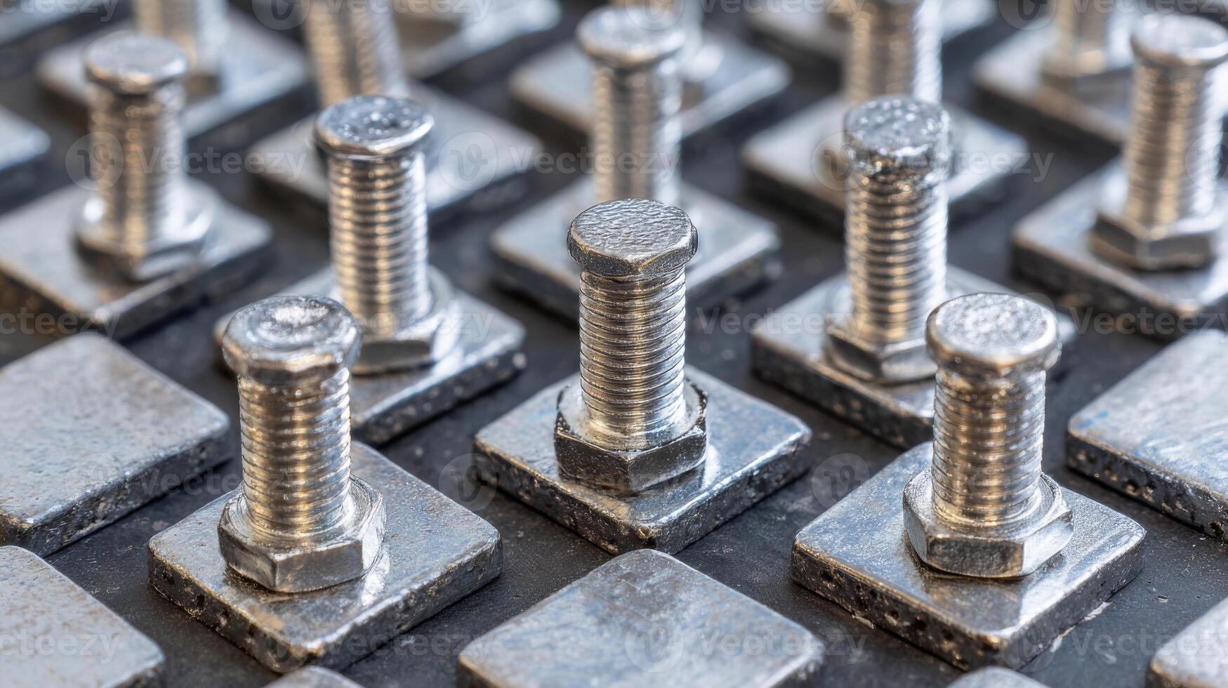 Close-up of metallic bolts and square nuts arranged in a pattern, showcasing their industrial design and shiny surfaces. photo