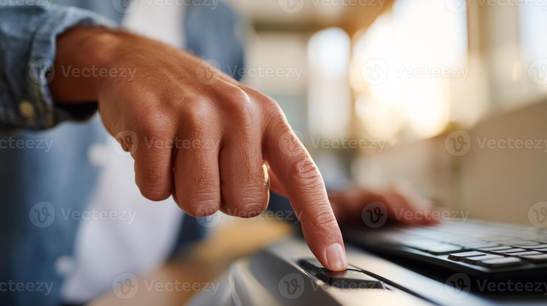 Close-up of a person's hand pressing a button on a printer, with a blurred keyboard in the background, showcasing a focused workspace. photo