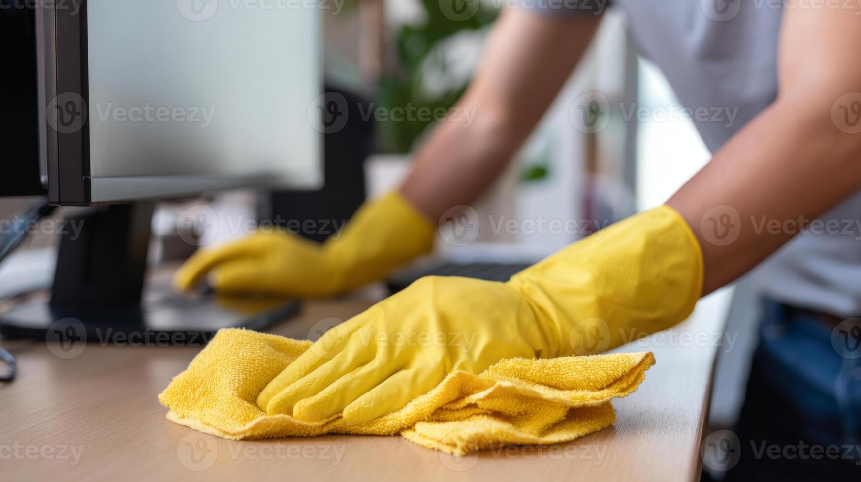 A person cleaning a desk with yellow gloves, focusing on a computer monitor, emphasizing cleanliness and organization. photo
