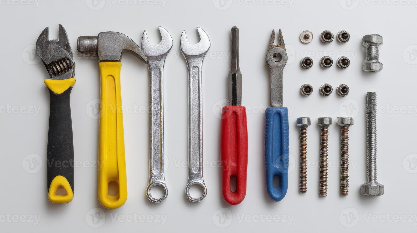 An organized array of assorted tools including wrenches, a screwdriver, and various screws on a neutral background. photo