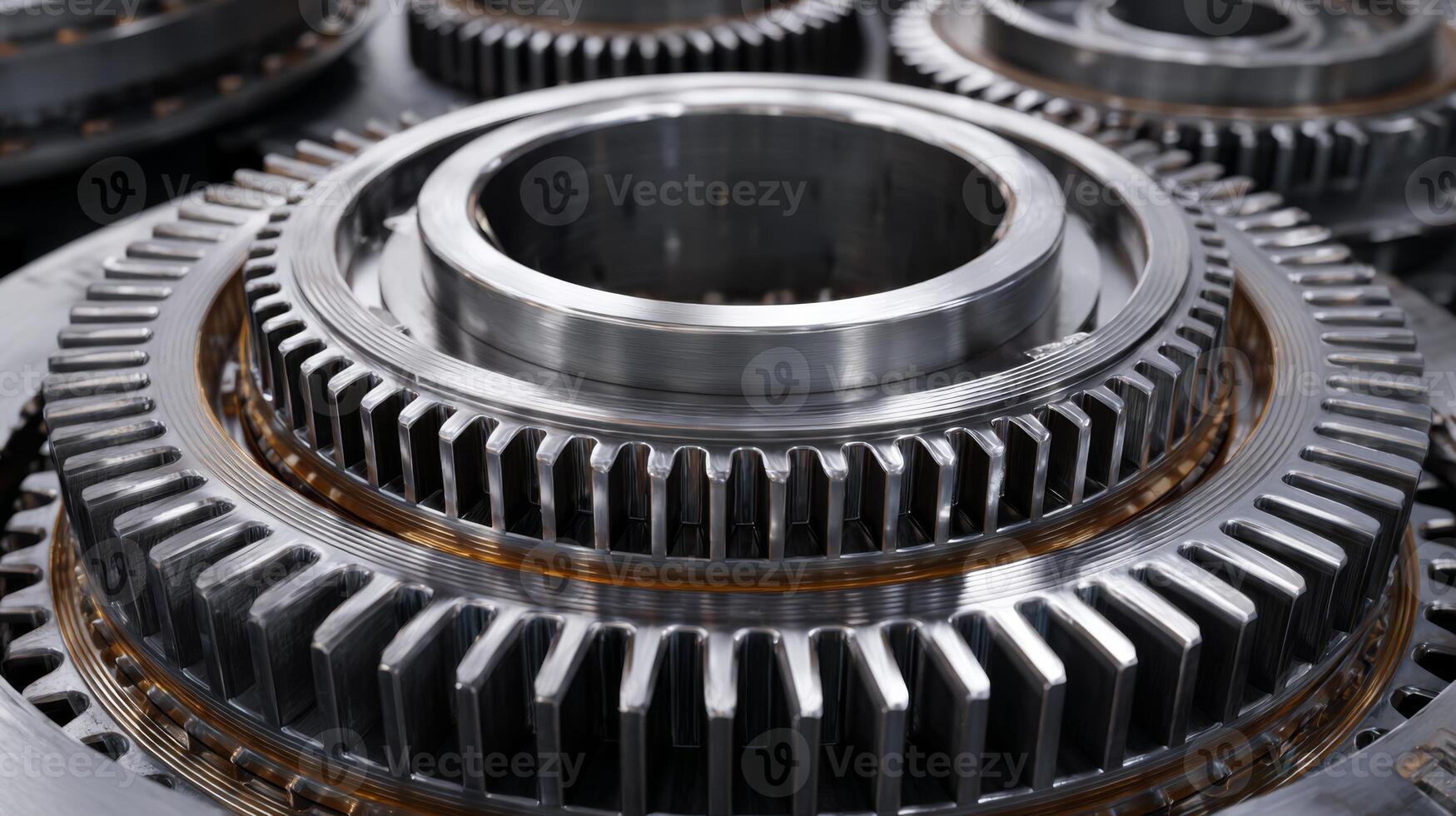 Close-up of interlocking metallic gears showcasing intricate design and precision engineering. photo
