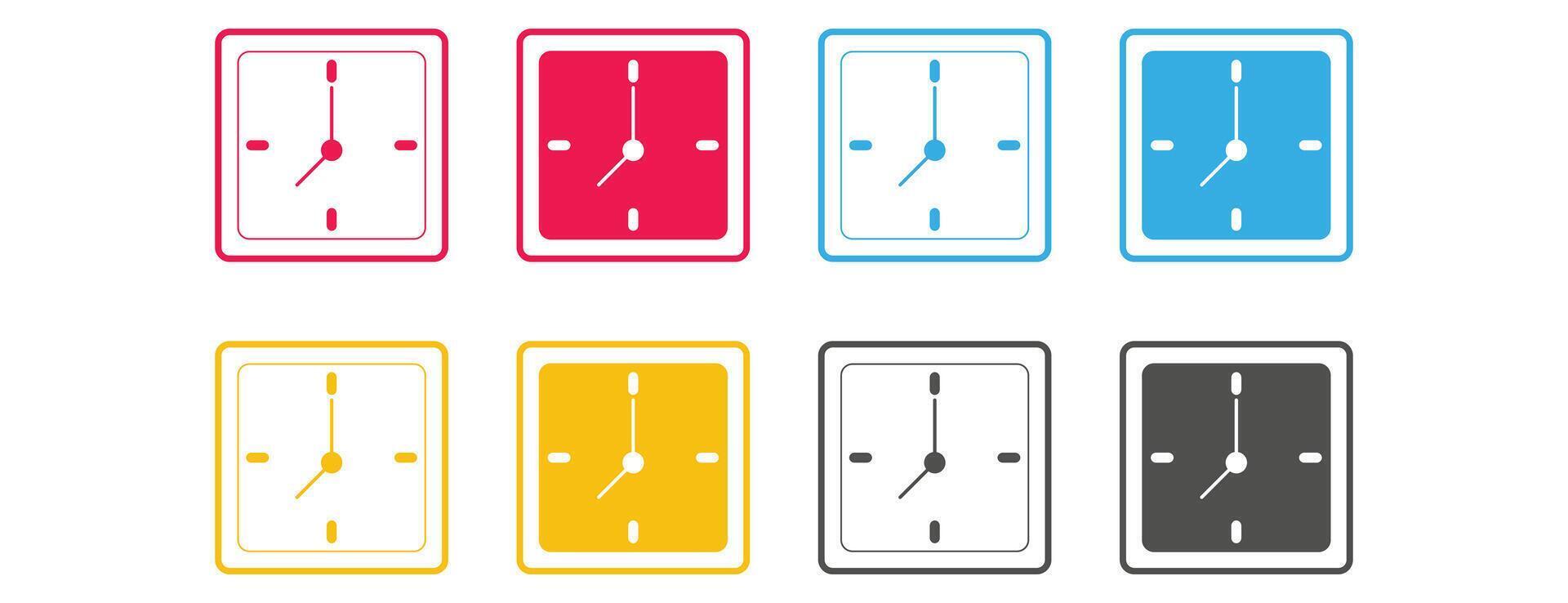 Square clock icon set, analog time and schedule symbol vector