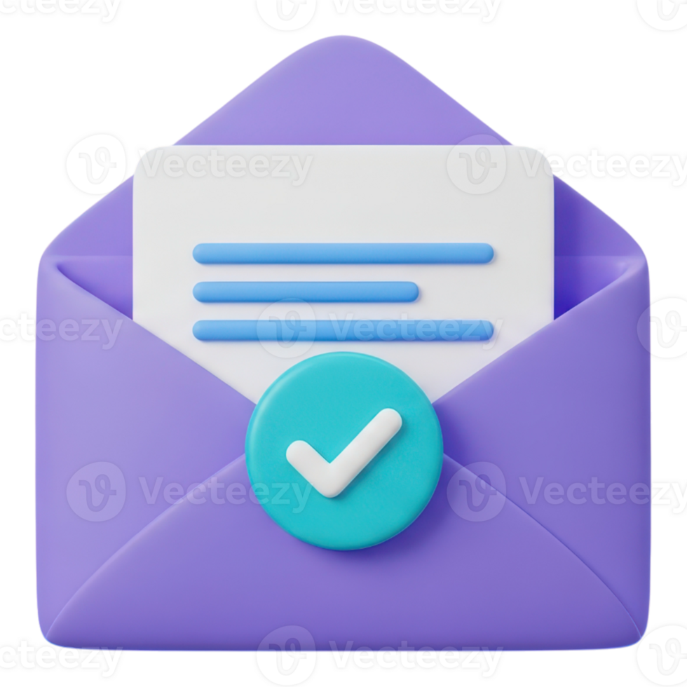 3d icon of open purple envelope with verified message and checkmark isolated on transparent background png