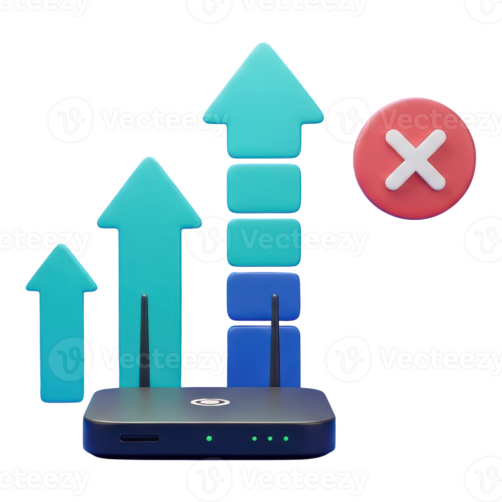 3d enrutador con creciente señal bar y error icono aislado en transparente antecedentes png