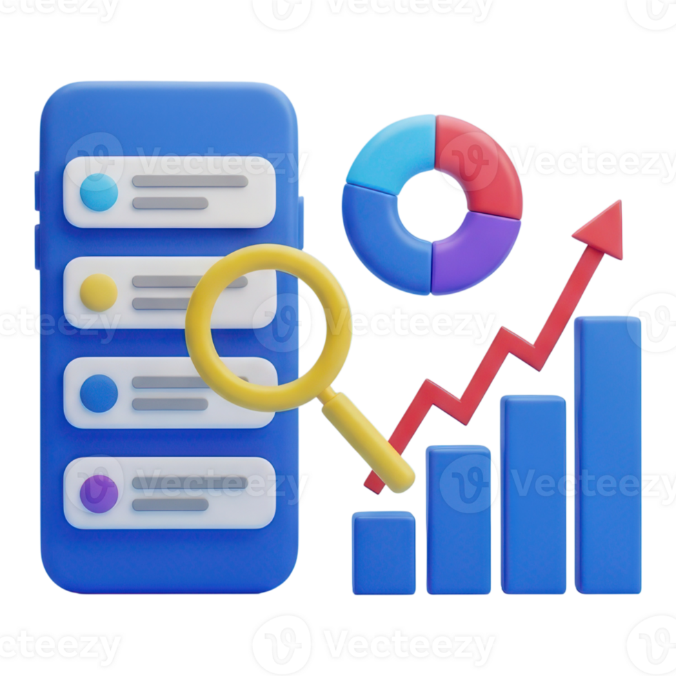 3d mobile app data analysis with chart and magnifying glass isolated on transparent background png
