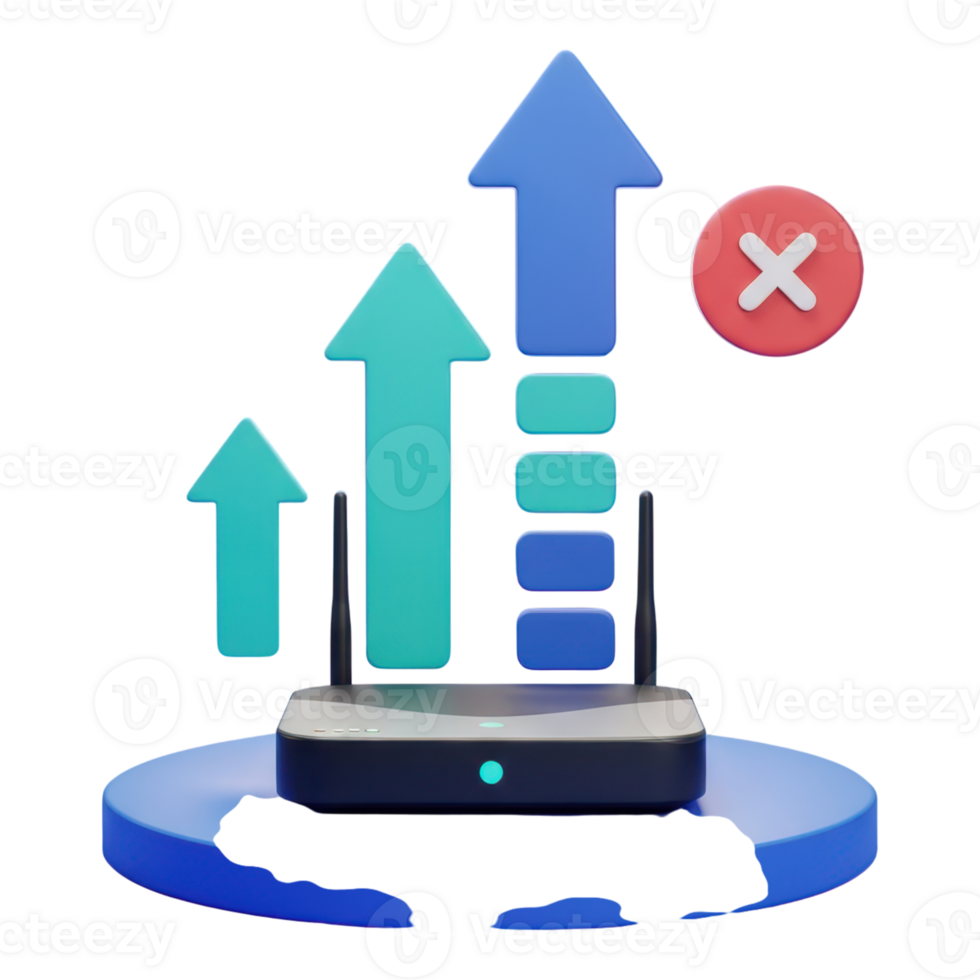 3d router con crescente caricare velocità bar e errore icona isolato su trasparente sfondo png