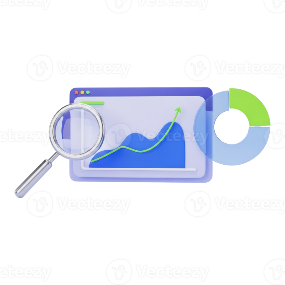3d icon of data analysis with magnifying glass and chart isolated on transparent background png