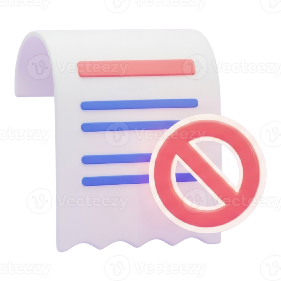 3d ícone do negado ou rejeitado recibo com proibição placa isolado em transparente fundo png