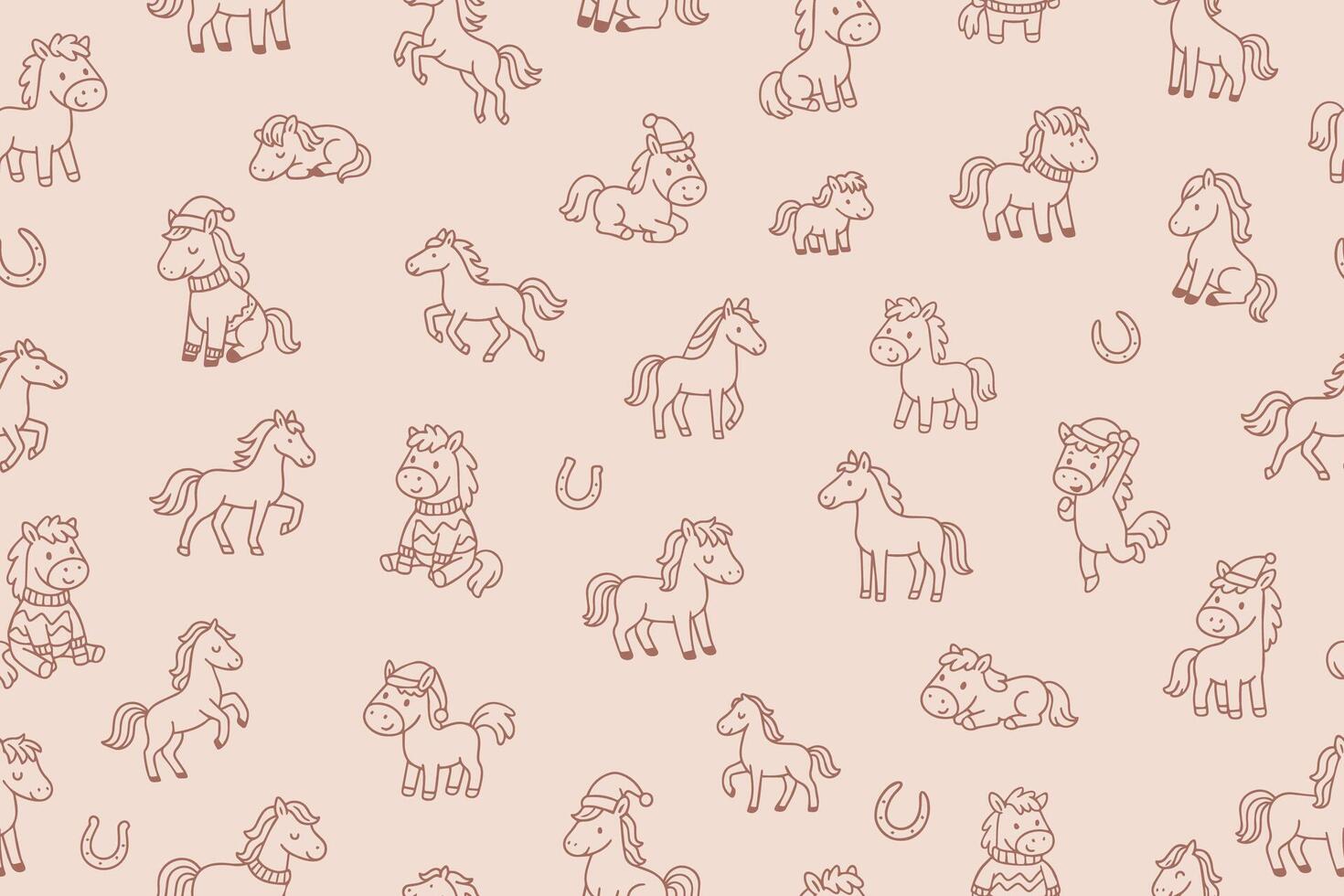 Cute seamless pattern with playful pony illustrations in various poses. Each doodle captures the charm of ponies in a simplistic line art style. illustration suitable for children's designs. vector