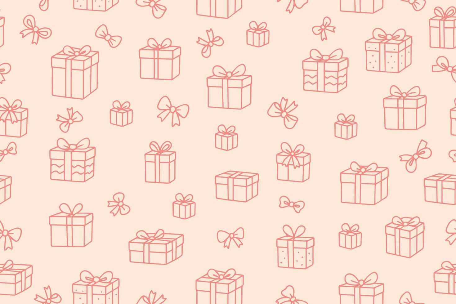 Seamless gift pattern illustration features red linear sketches of wrapped presents with bows and ribbons on a soft pink background. Ideal for festive design projects. vector