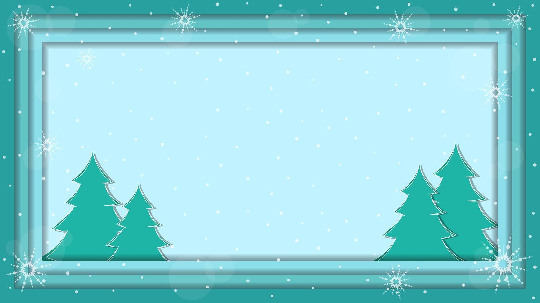 Rectangular Frame With Christmas Tree Ornaments And Snowflakes On Turquoise Green Background vector