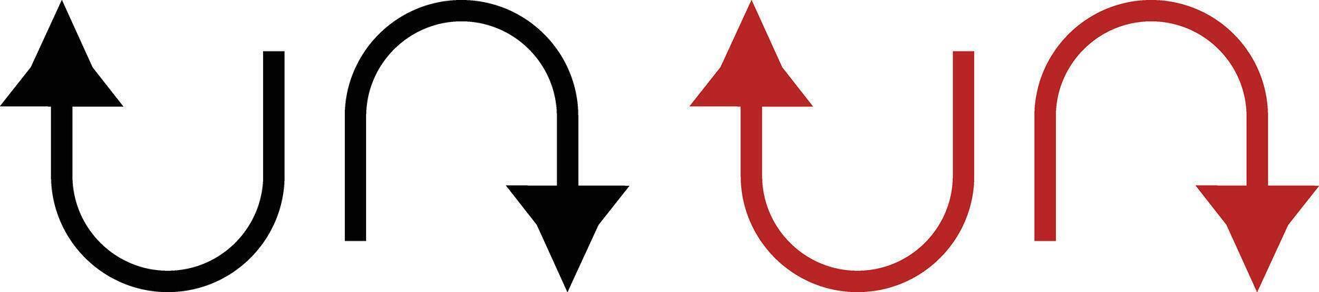 U Turn Arrow Icon Set, Black and Red Reverse Direction Symbols, Simple Navigation Graphic vector