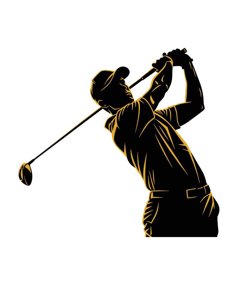 Dynamic silhouette of a golfer executing a powerful swing with club raised high vector