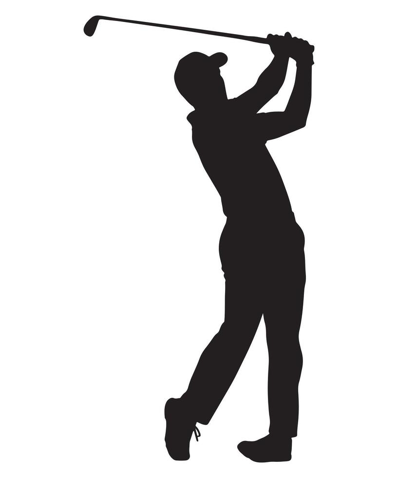 Dynamic silhouette of a golfer executing a powerful swing on a white background vector