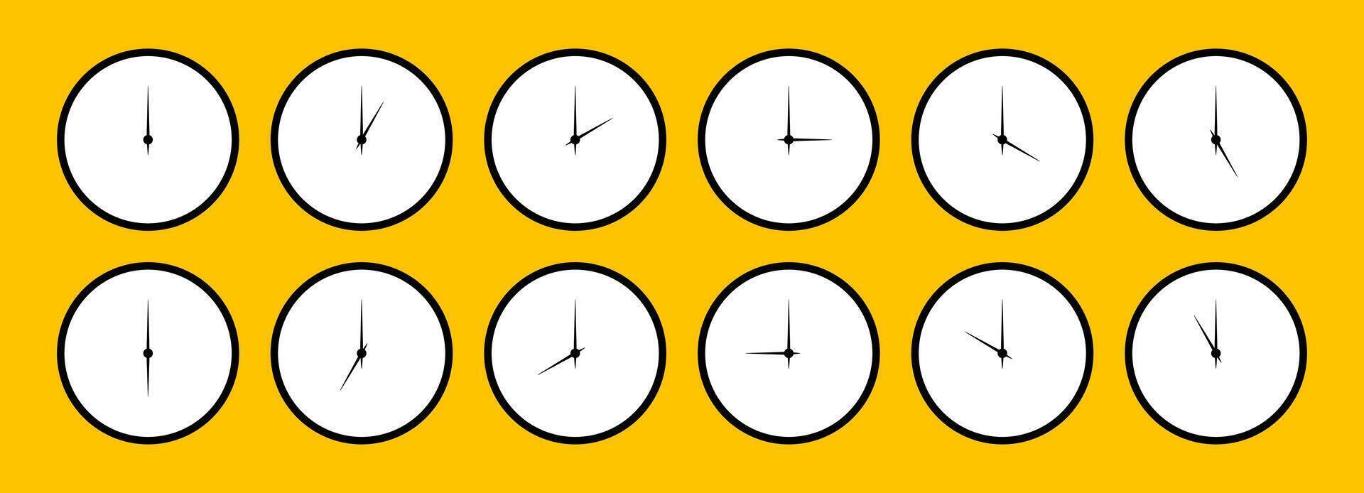 Clocks round faces set. Stopwatch template with different time. Time simple graphic circle sign, symbol. Clock hands icon. Watch face mockups. Hour icon. Noon, morning, evening time watch patterns. vector