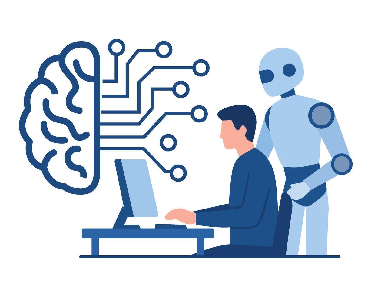 Person working on a computer with a humanoid robot and AI brain symbol, representing human-AI collaboration vector