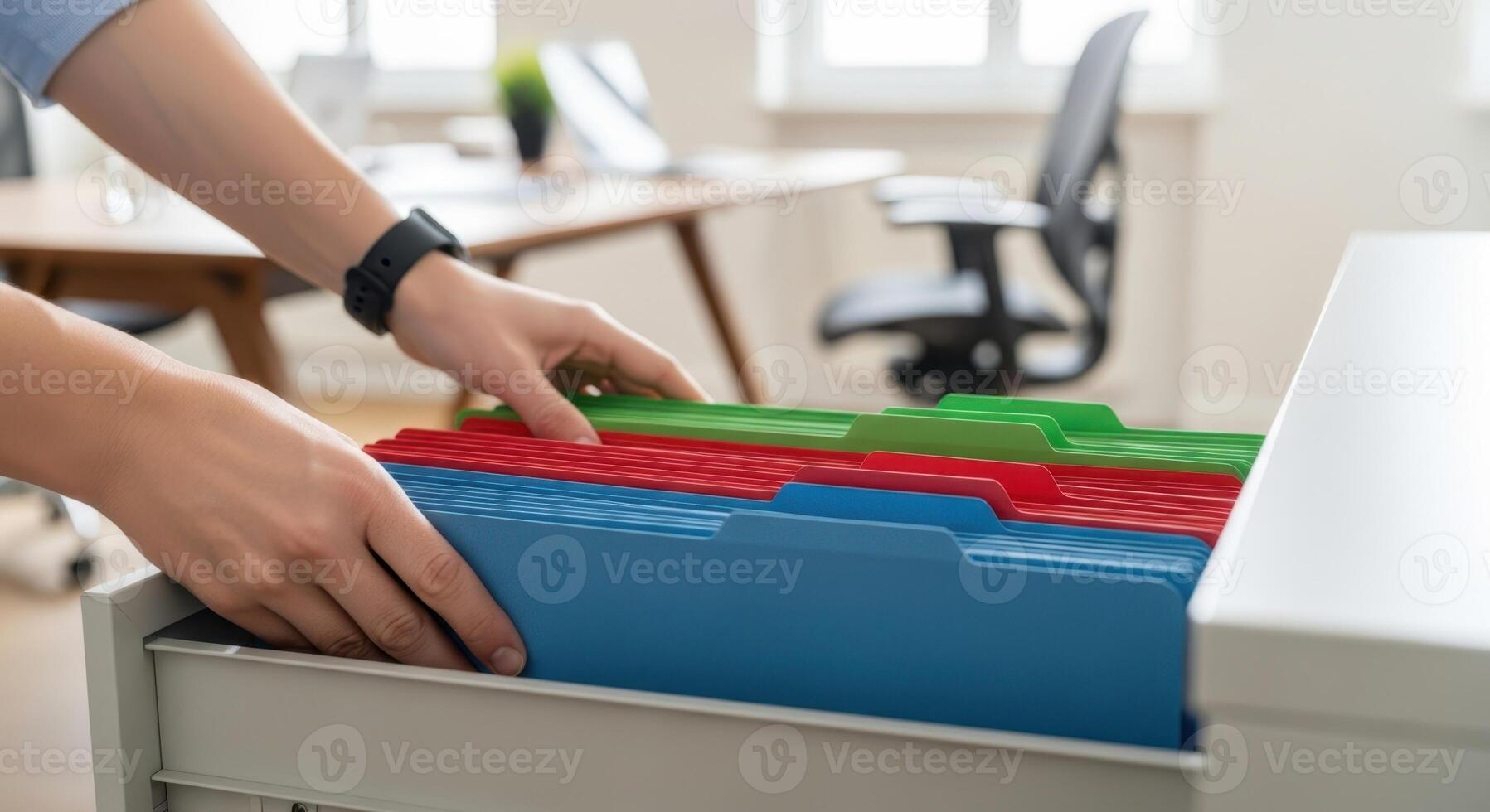 Woman's hands placing file folders in a drawer, organizing office documents. Business administration and archiving or data management concept. photo