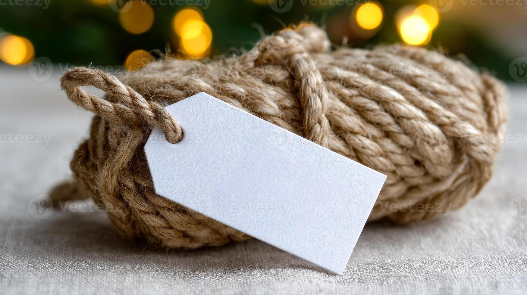 A roll of natural twine with an empty tag rests on a light surface, surrounded by soft, warm light. photo
