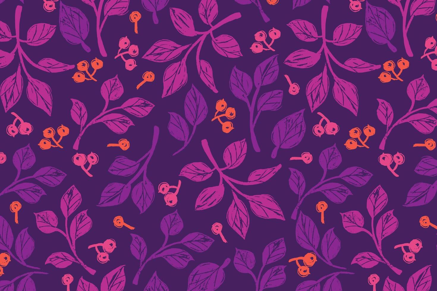 Multicolored Leafy Pattern with Branches on Dark Background. Hand drawn nature foliage. Pink leaves with grunge texture vector