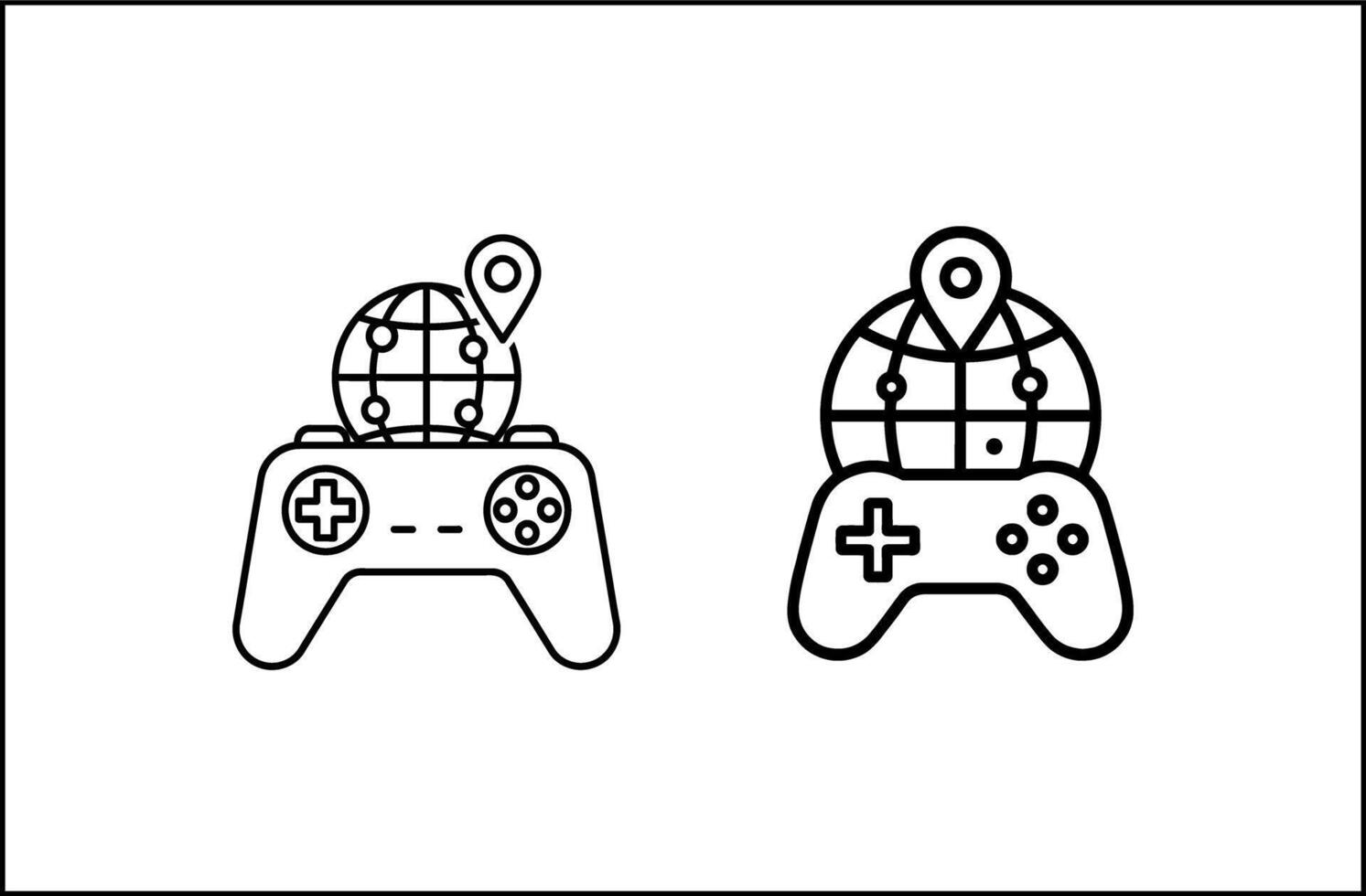 Two game controllers with globe and location pin icons silhouette vector