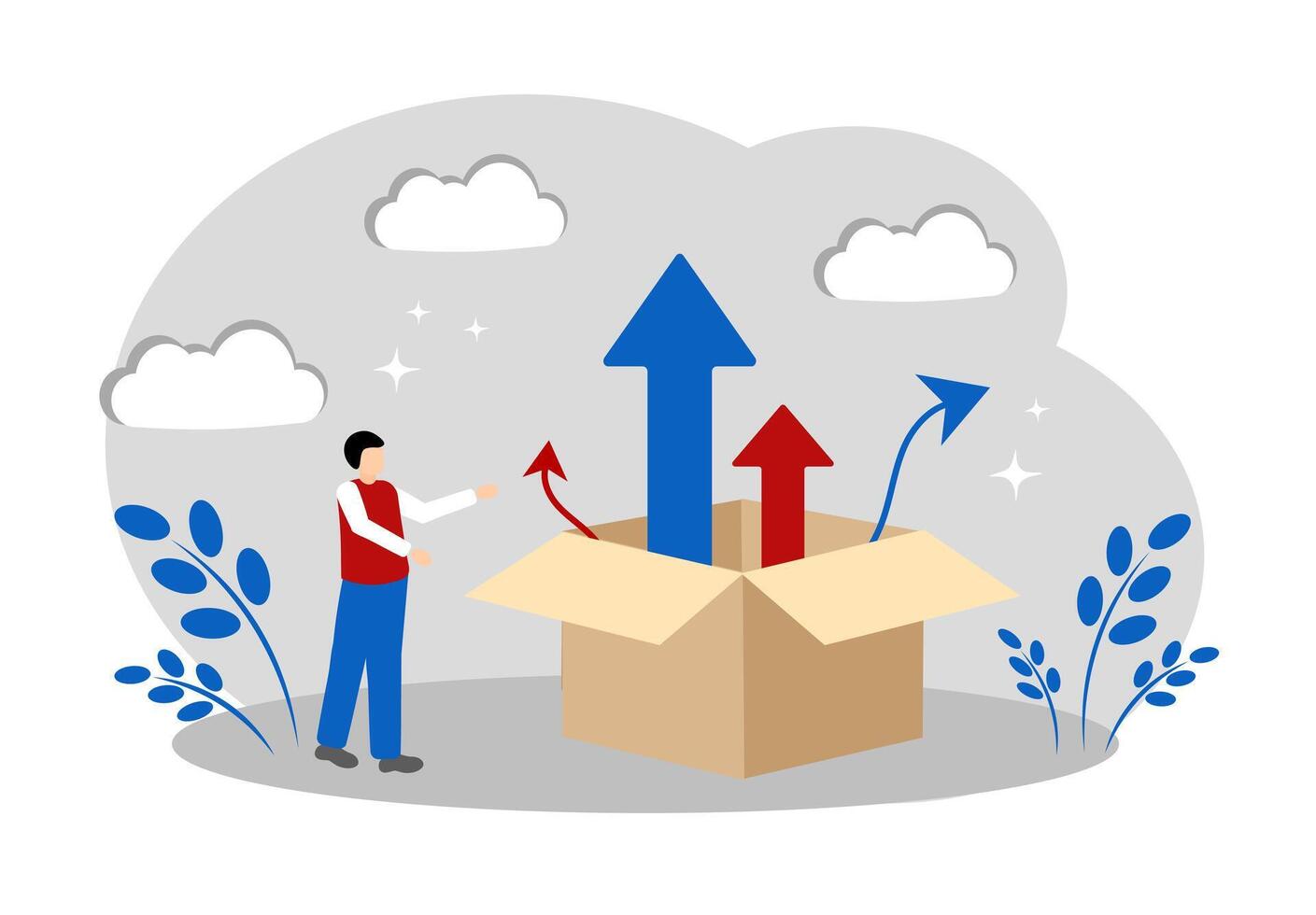 A man, a box and arrows. The concept of life path choice, problem solving, personal rots and development vector