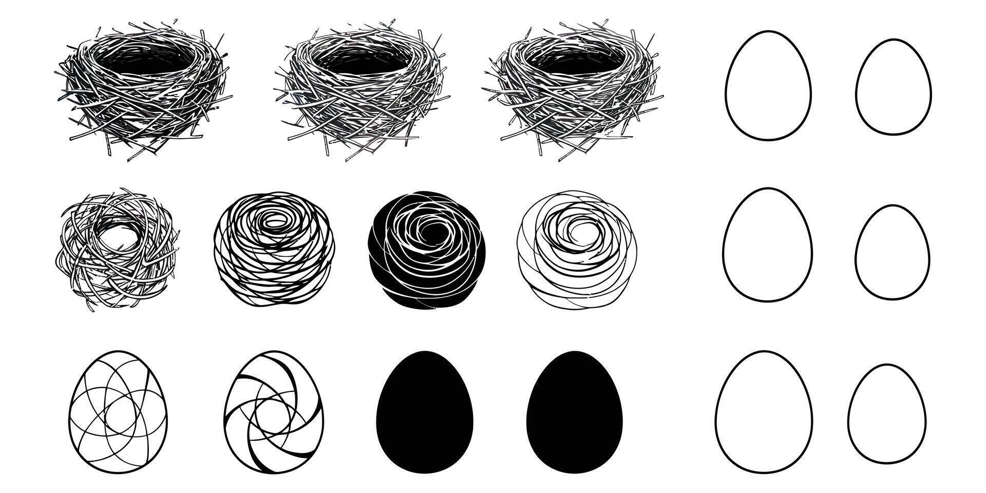 Assortment of Natural and Stylized Nests with Outline and Patterned Eggs vector