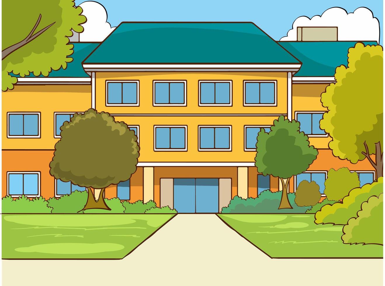 Front view of a classic school building with large windows and doors. Flat, cartoon-style illustration. Elementary or high school architecture with trees and bushes. vector