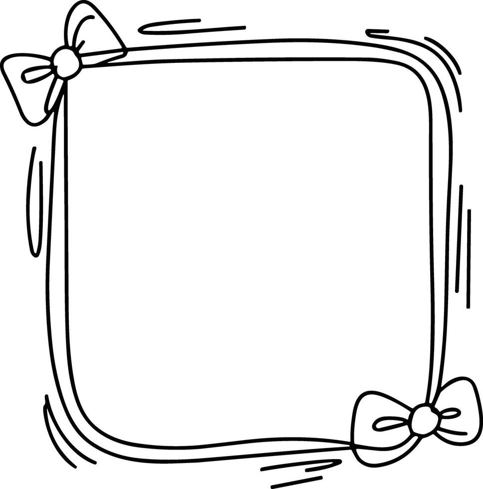 Simple black and white line drawing of a square frame with wavy edges and corner bows vector