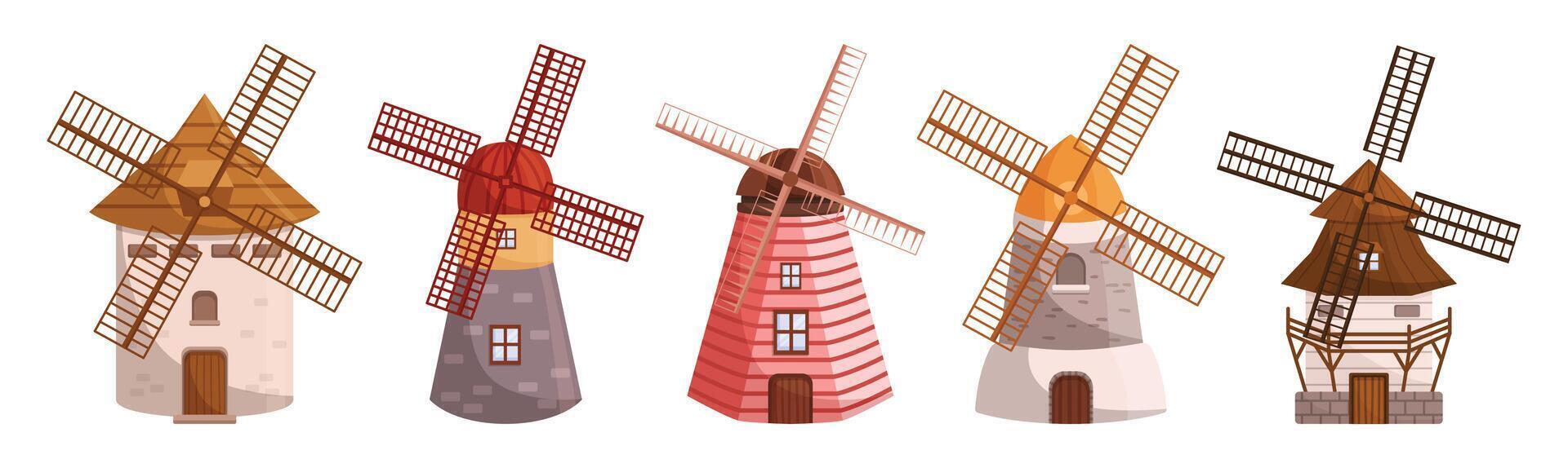 Set Of Ancient Windmills. Rustic Structures Harnessing The Power Of Wind, Used For Grinding Grain Or Pumping Water vector
