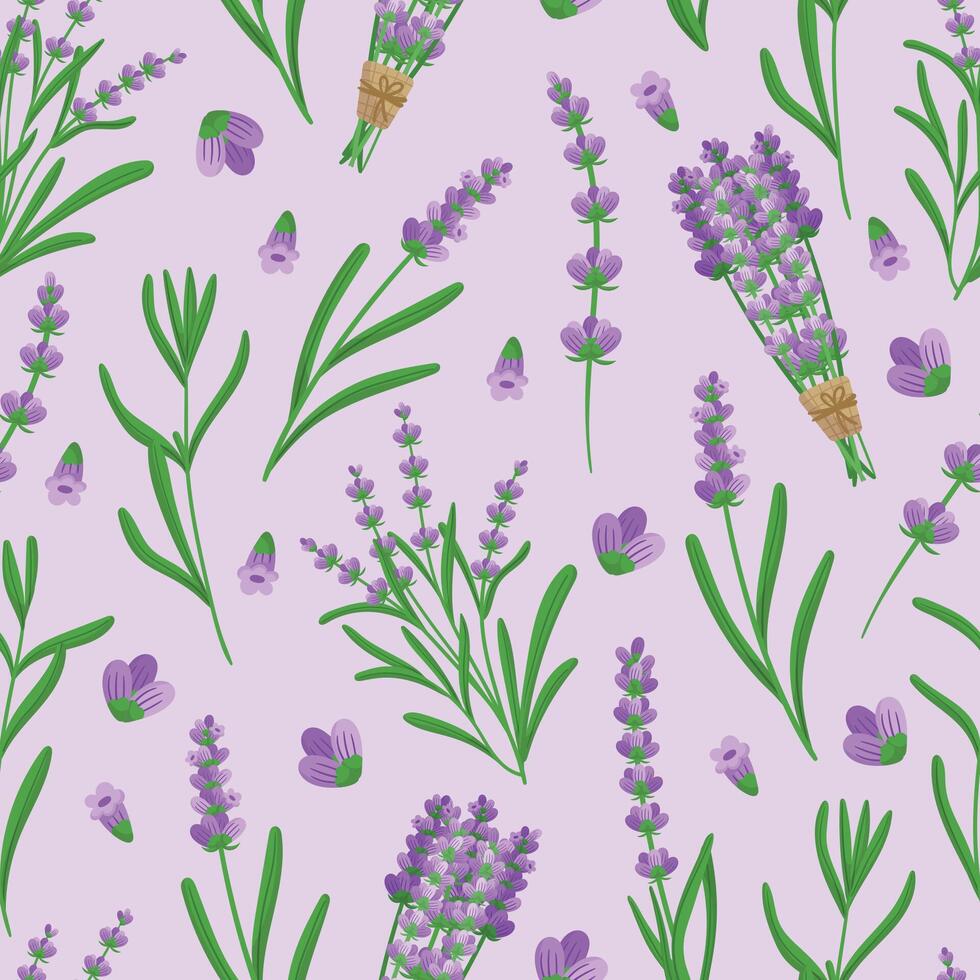 Delicate And Soothing Lavender Seamless Pattern. Repetitive Motif Of Flowers And Leaves, Creating A Tranquil Design vector