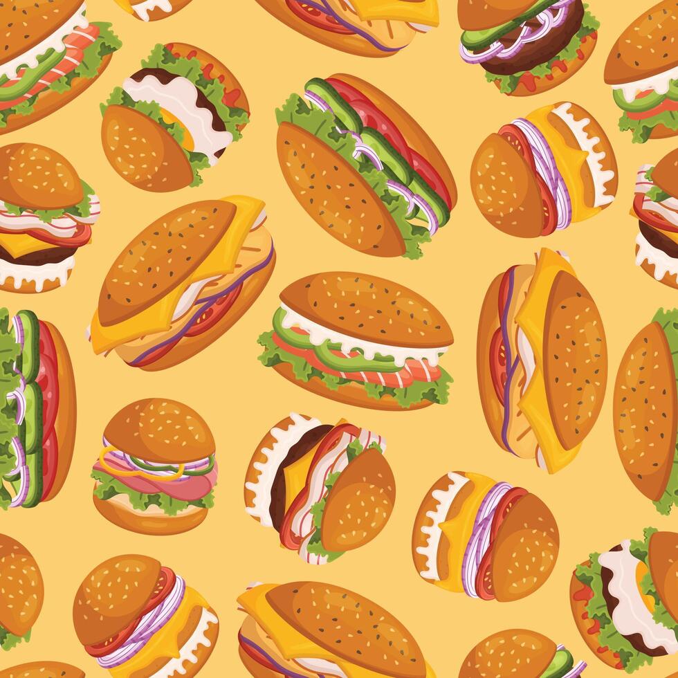 Vibrant And Delicious Seamless Pattern with Different Burgers Arranged In A Playful And Appealing Design, Illustration vector