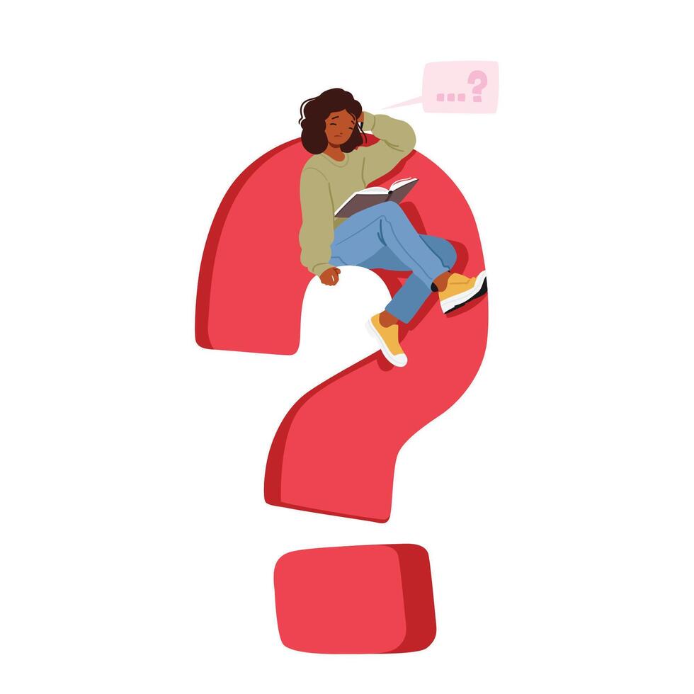 Contemplative Female Character Seated On Huge Red Question Mark with Speech Bubble over Head, Portraying Introspection vector
