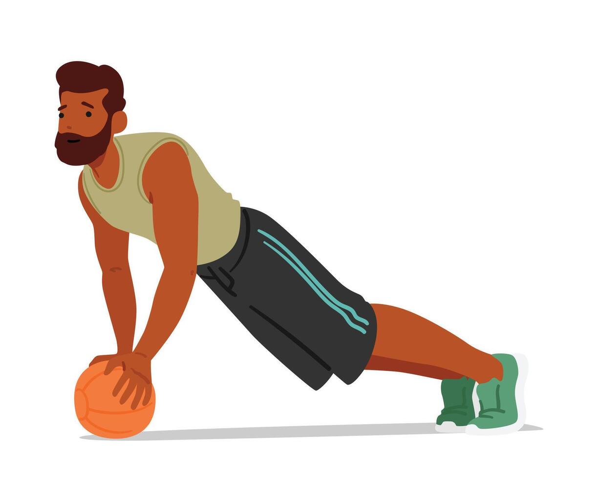 Fitness Man Character Performs Push-ups Using Stability Ball, Enhancing Core Stability And Strength While Engaging vector