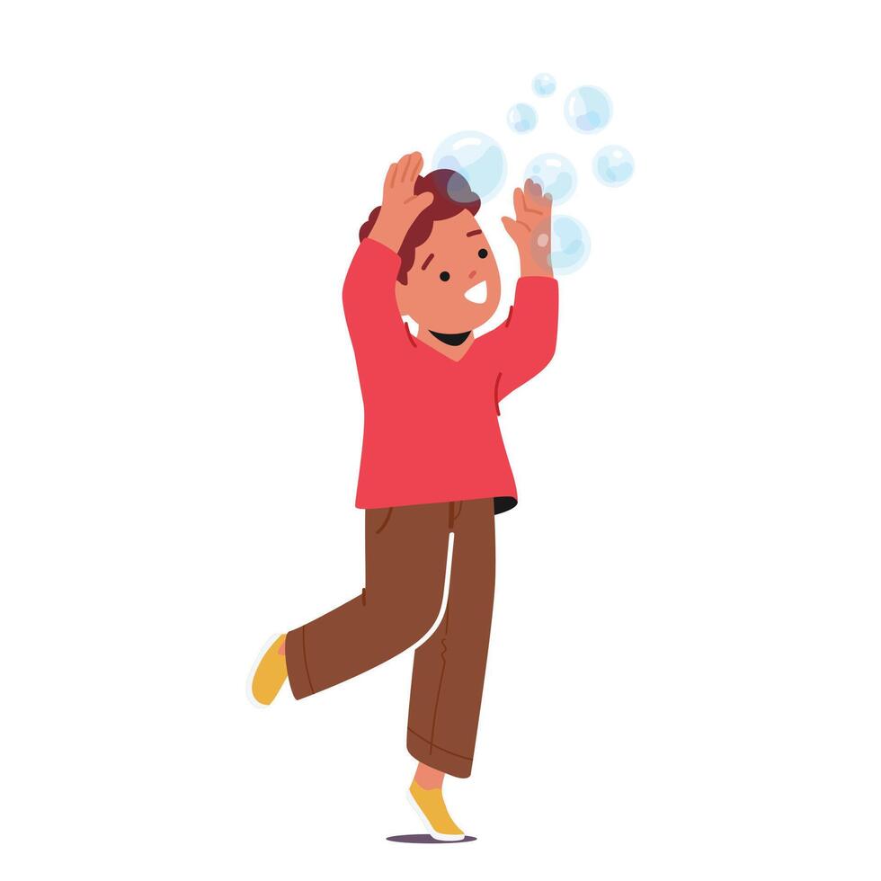 Joyful Child Blowing And Chasing Iridescent Soap Bubbles, Giggling As They Float Through The Air, Illustration vector