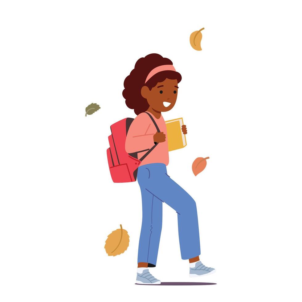 Student Child Walks While Carrying A Book, Immersed In The Joy Of Reading And Discovering New Worlds vector