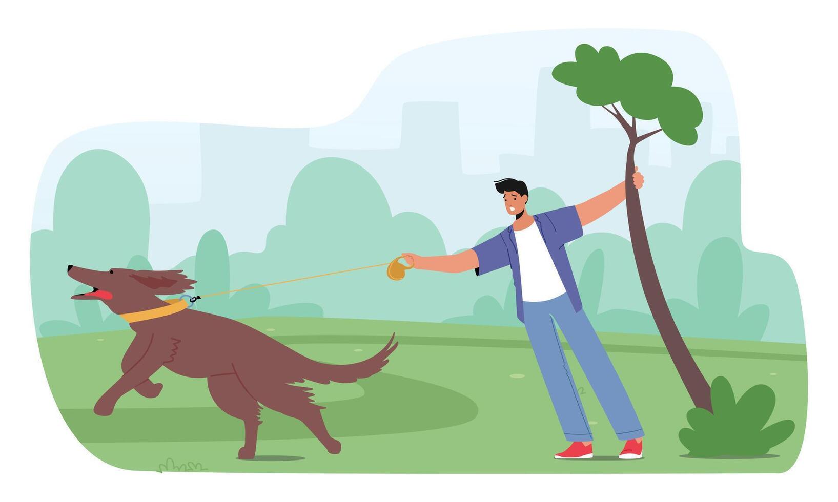 Leash Pulling, Common Behavior Problem Where A Dog Forcefully Pulls Their Owner Characters On A Leash vector