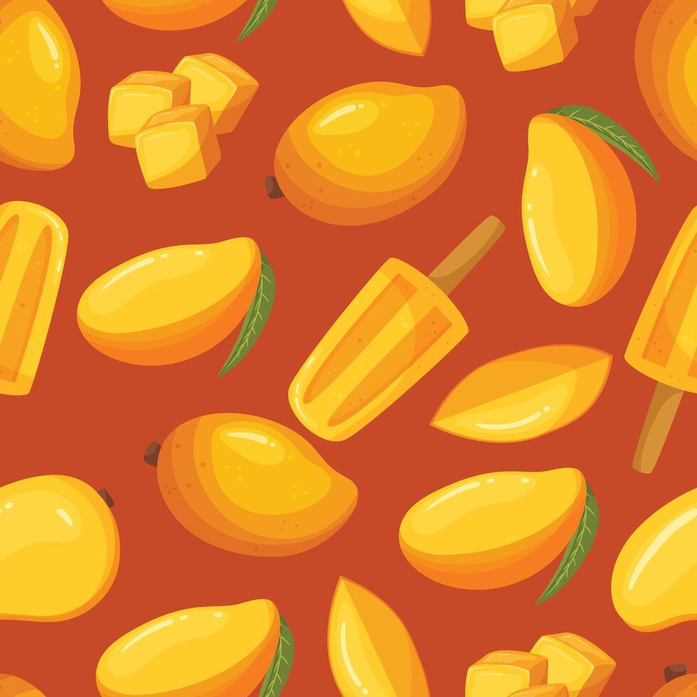 Seamless Pattern Adorned With Vibrant Mango Fruits And Ice Cream, Creating A Lively And Tropical Tile Design vector