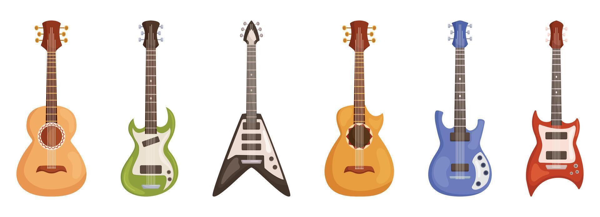 Guitars Set, Stringed Instruments With Resonating Body And Neck Played By Plucking Or Strumming The Strings vector