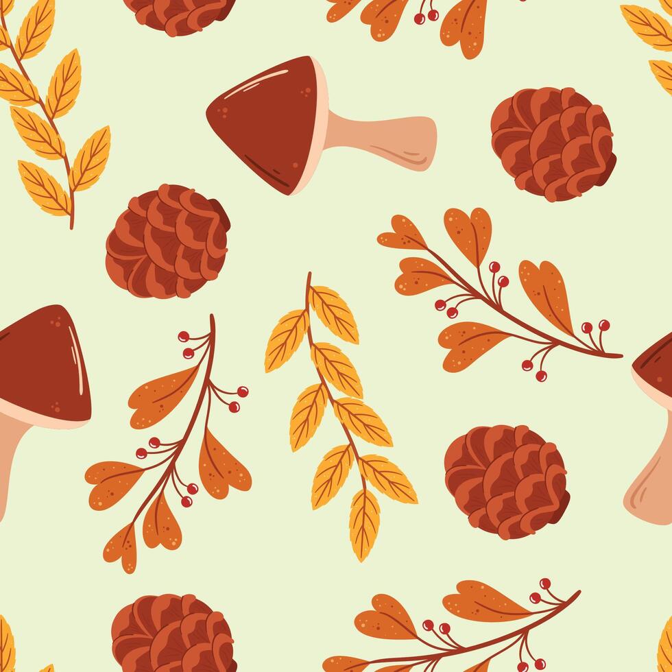 Seamless Pattern Featuring Autumn Leaves, Mushrooms, And Pine Cones, Creating A Beautiful Nature-inspired Tile vector
