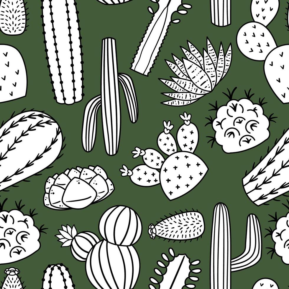 Seamless Pattern Featuring Linear Cacti Plants On Green Background, Creating A Modern Desert Vibe With Clean Lines vector