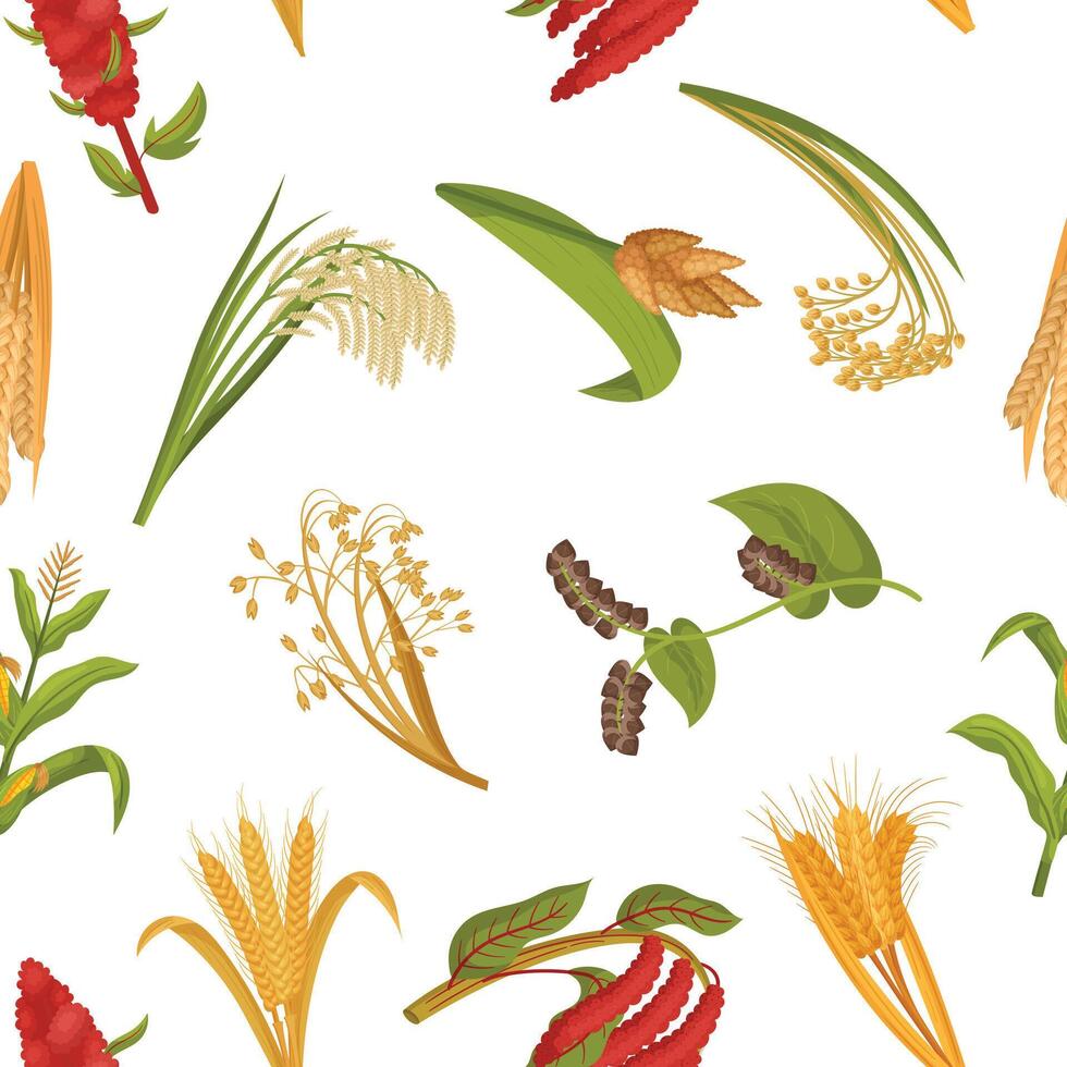 Seamless Pattern Featuring Intricate Tile Of Various Cereal Grain Plants, Creating A Harmonious And Repetitive Design vector