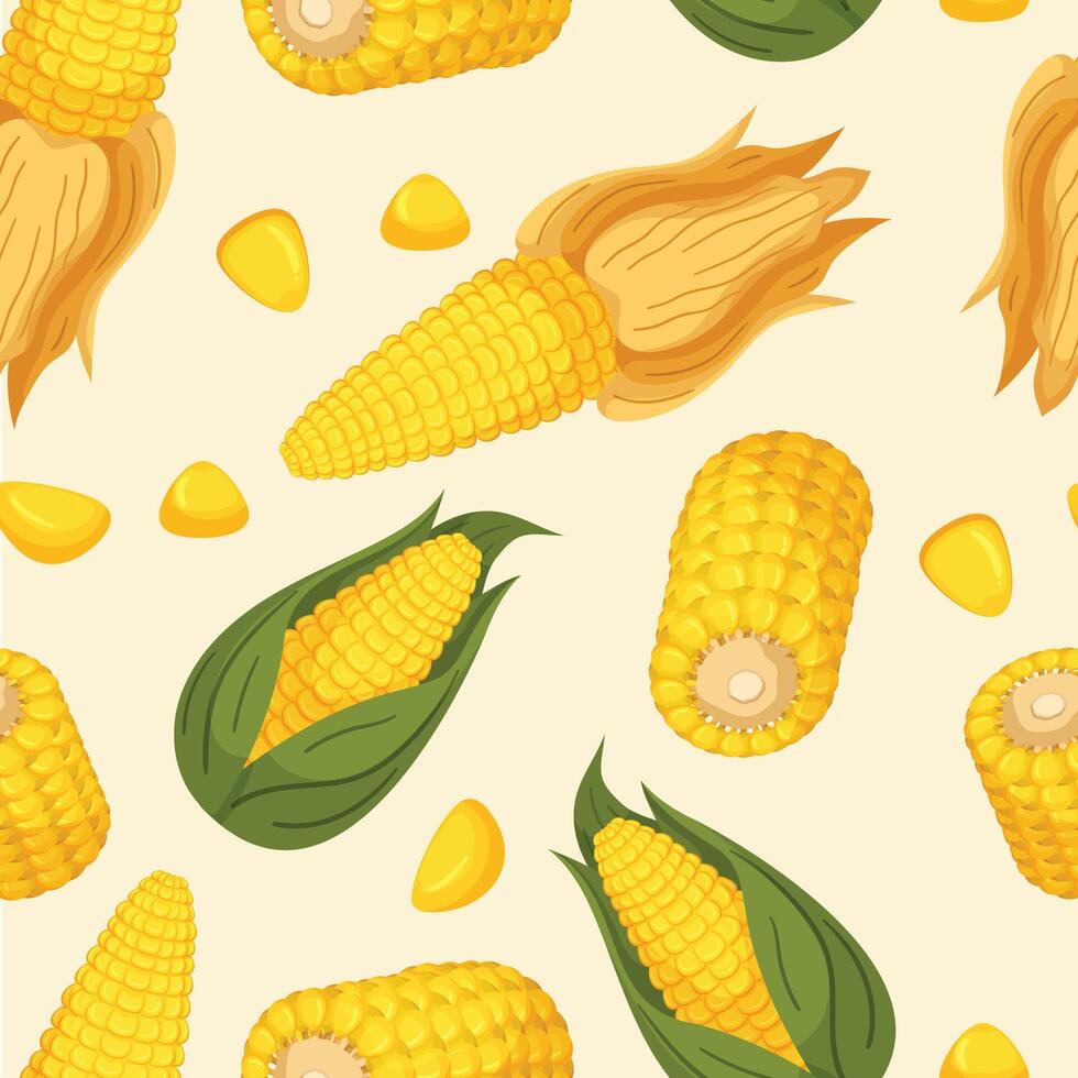 Seamless Pattern Featuring Golden Corn Cobs, Ears And Seeds Arranged In A Repetitive And Harmonious Design vector