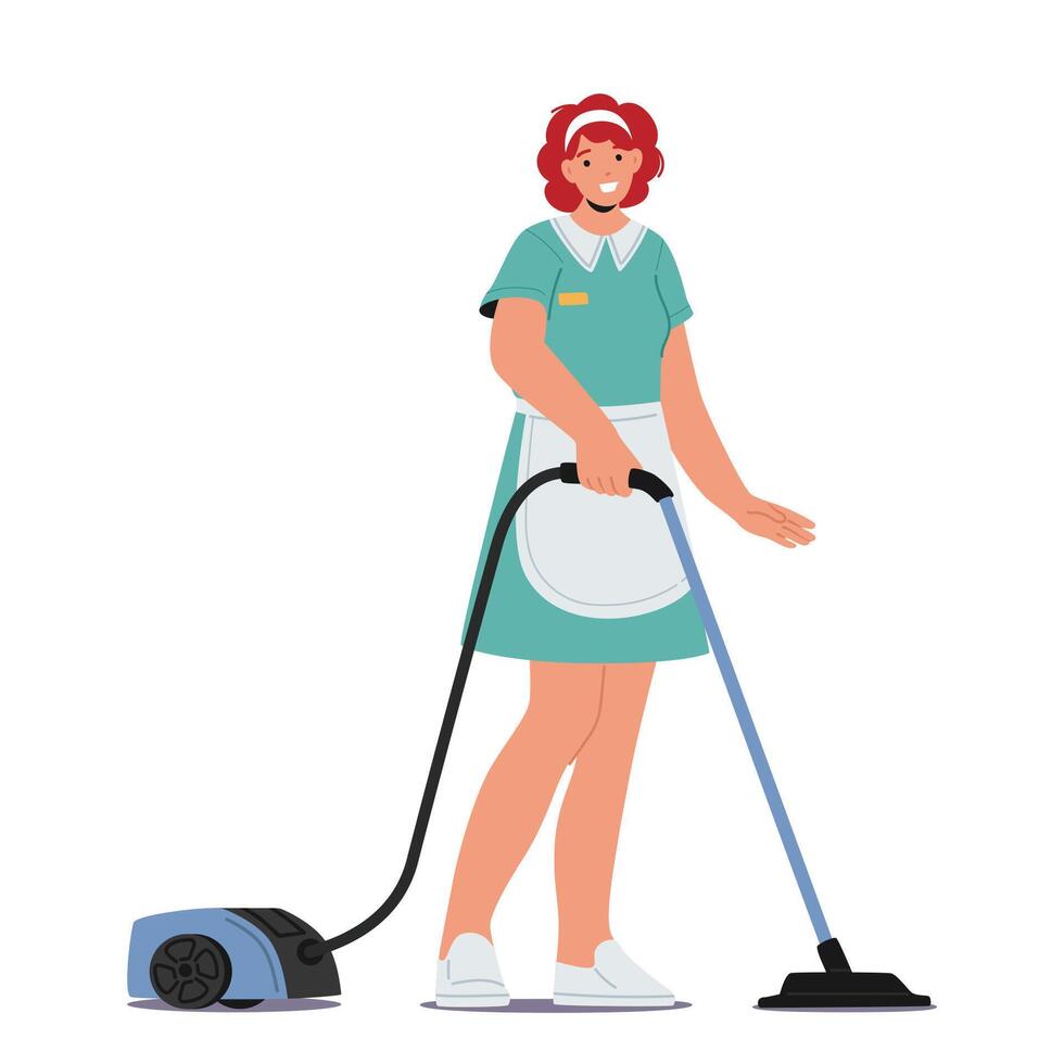 Efficient Maid Effortlessly Maneuvers Vacuum Cleaner, Swiftly Gliding Across Floors, Leaving Behind Pristine Surfaces vector
