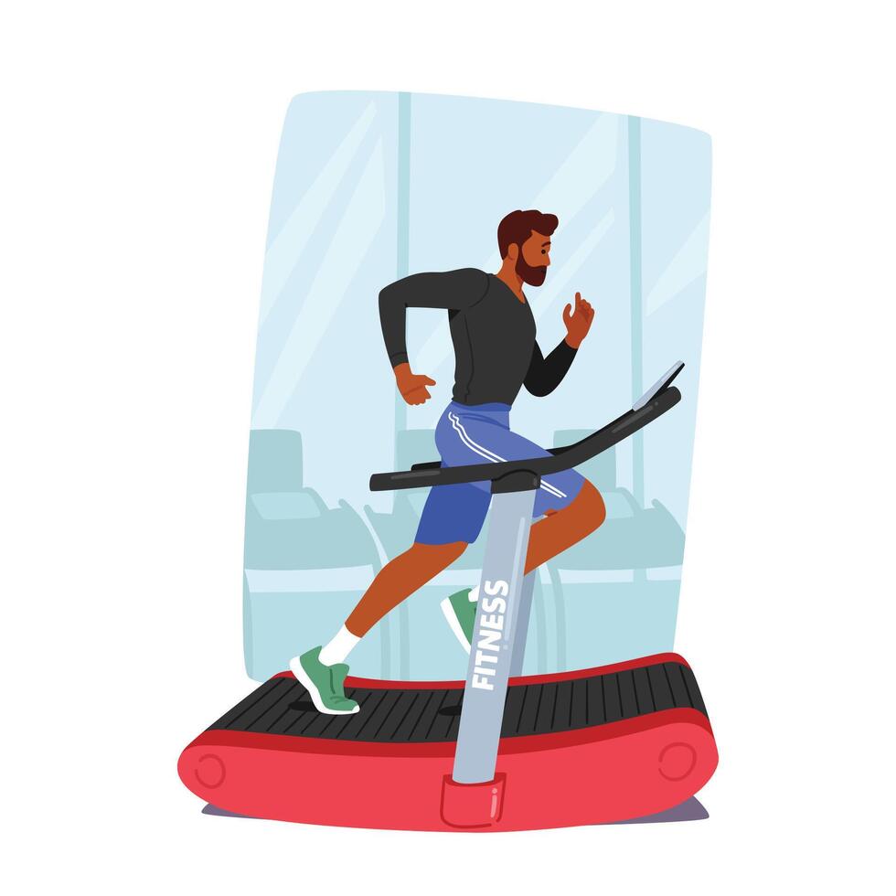 Man Runs On Treadmill, Male Character Maintaining Steady Pace And Occasionally Adjusting Settings, Illustration vector