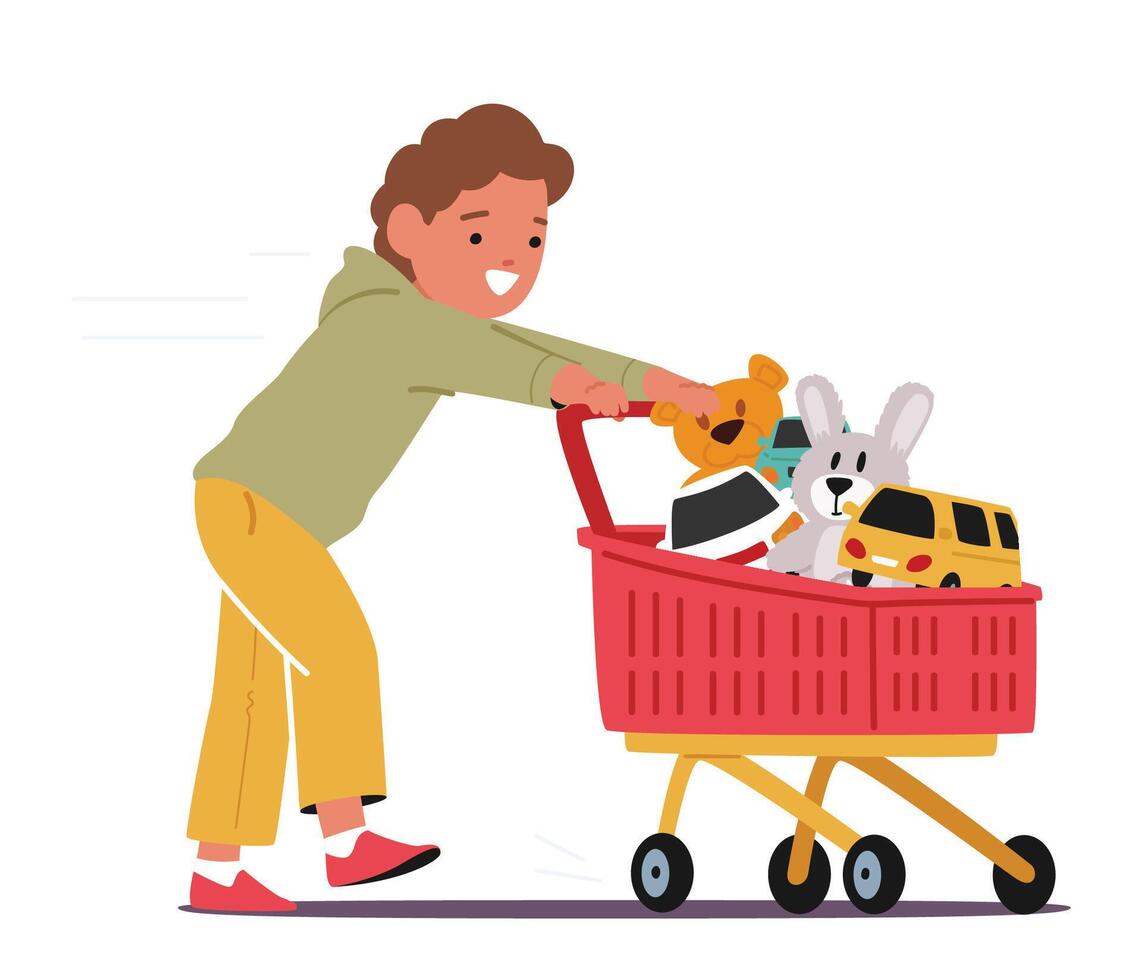 Joyful Boy Characters Pushing Supermarket Trolley Brimming With An Array Of Toys, His Eyes Gleaming With Excitement vector