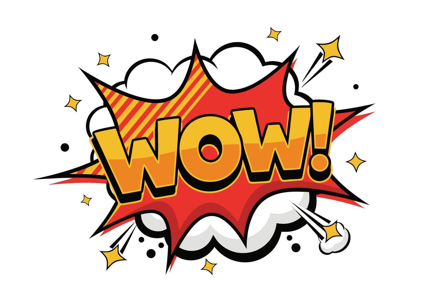 Dynamic comic book exclamation design featuring the word Wow in a vibrant speech bubble with pop art effects. Isolated graphic element vector