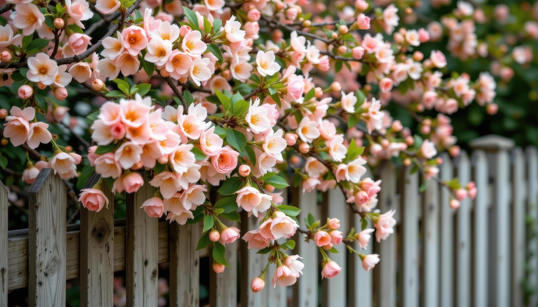 Wooden fence partially hidden beneath profuse peach blossoms, green foliage creating soft bokeh. photo